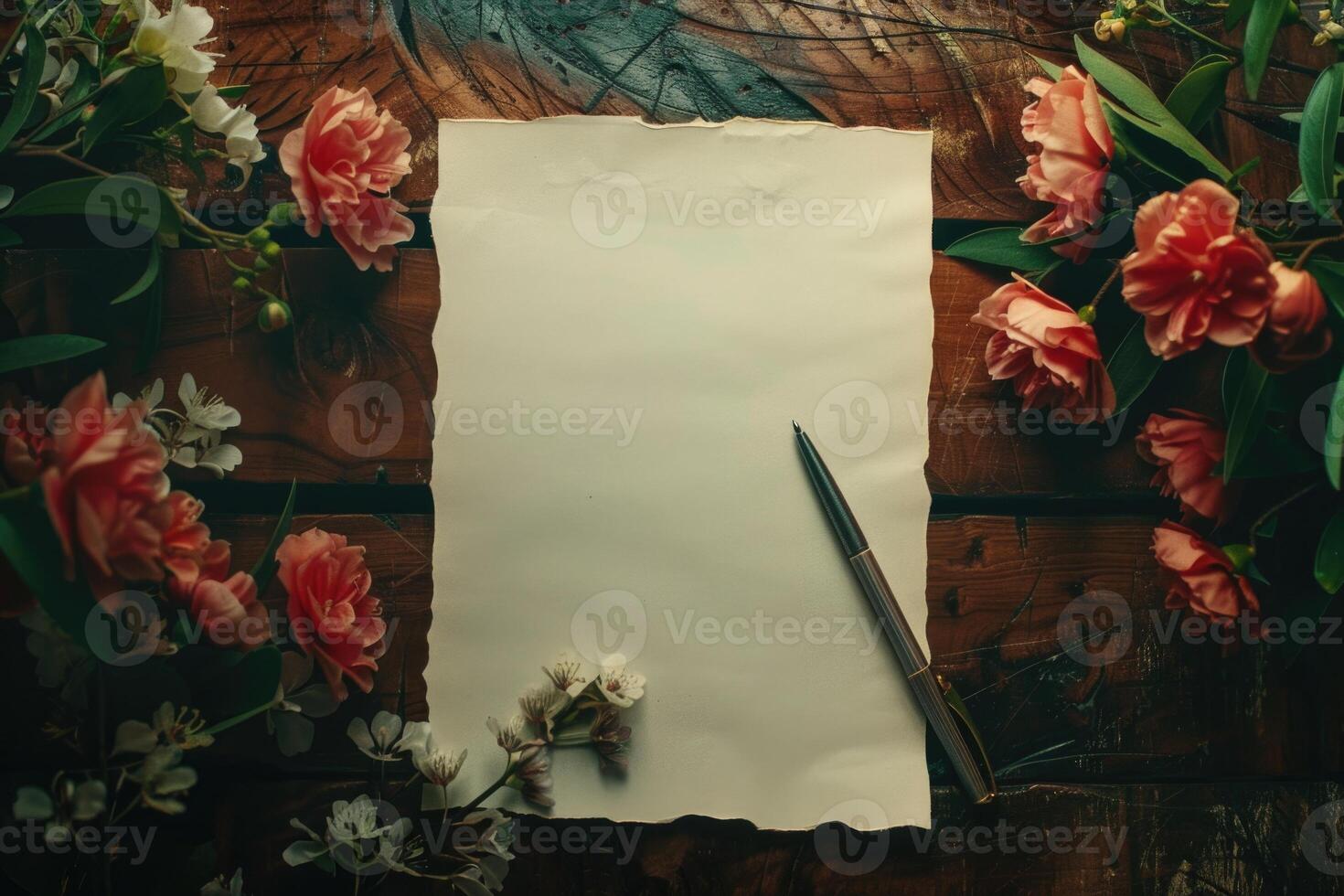 AI generated Blank sheet of paper with a pen on a wooden surface with flowers in retro style. Vintage background with letter photo