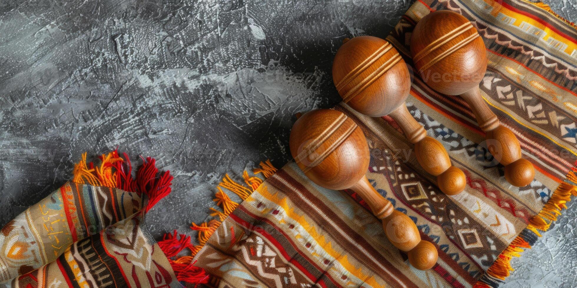 AI generated Mexican maracas and ponchos on a dark background. Saltillo Serape Blanket. Cinco de Mayo background with copy space photo