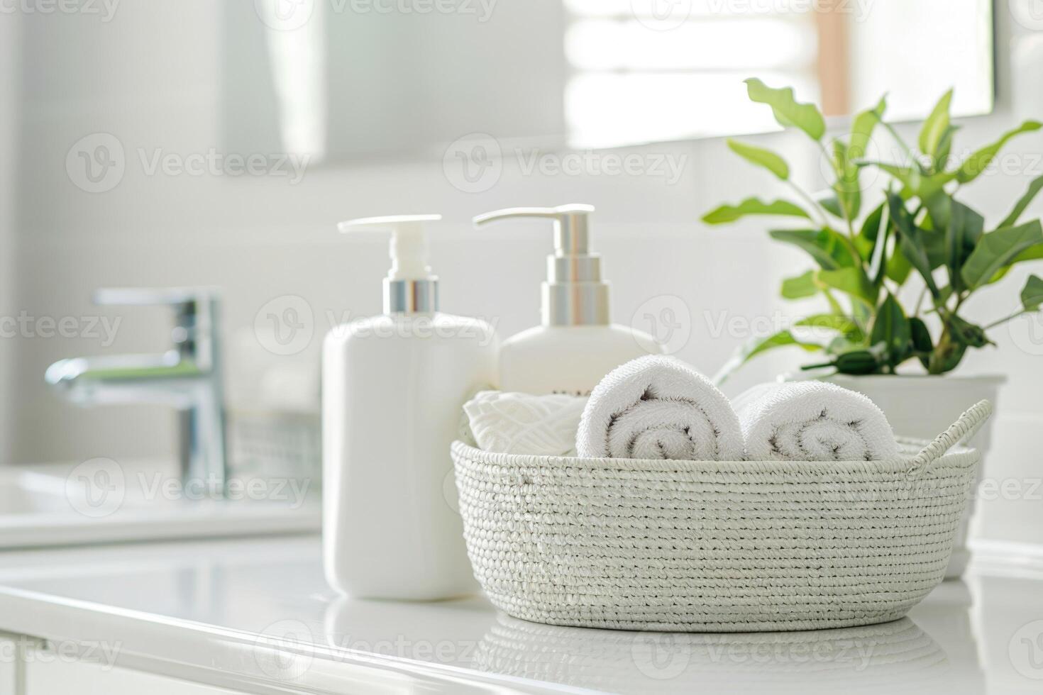 AI generated A set of body care cosmetics in a bright bathroom. Skin care concept banner with copy space photo