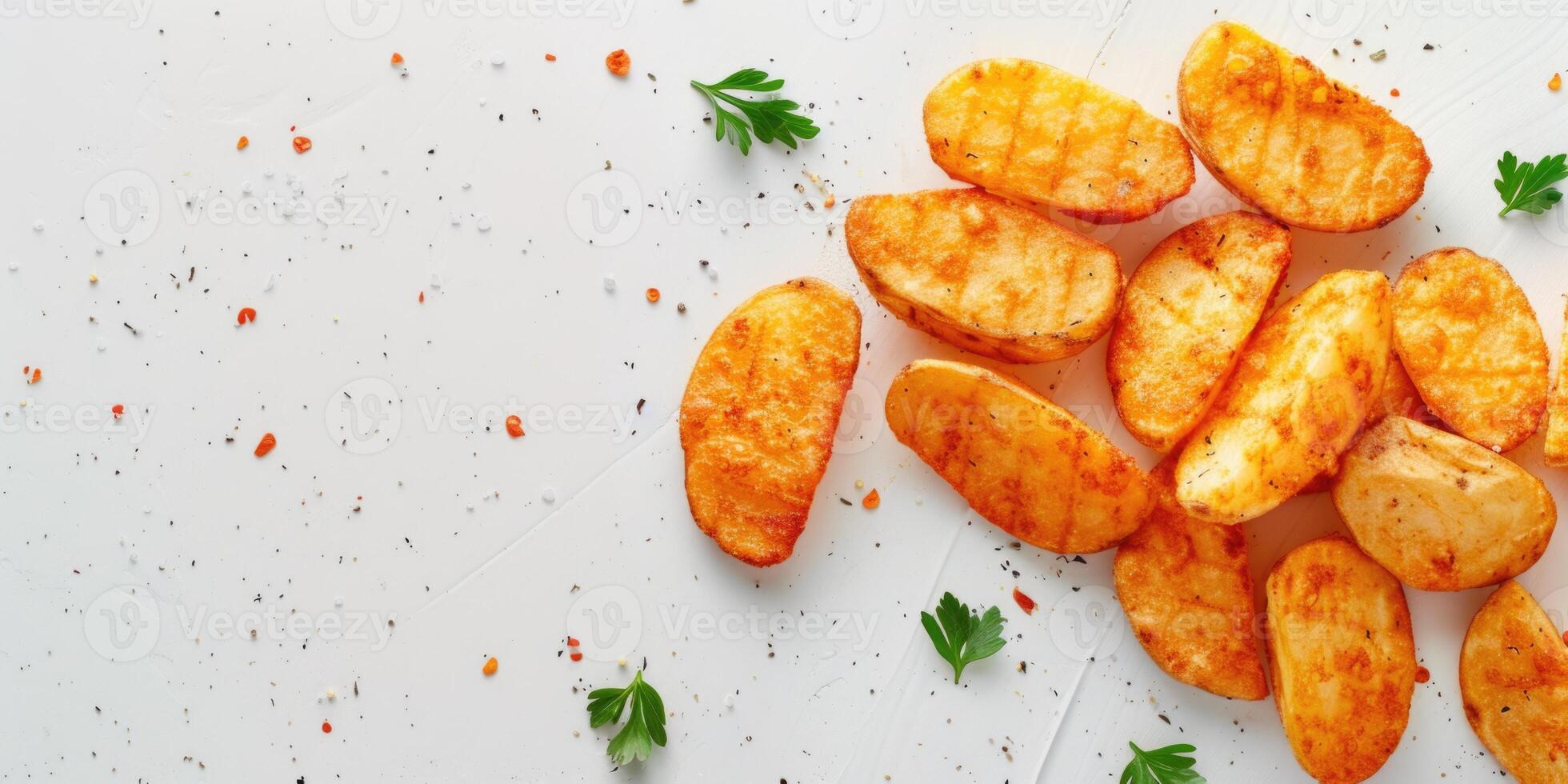 AI generated Fried potatoes with herbs and spices on a white background with space for text, top view photo