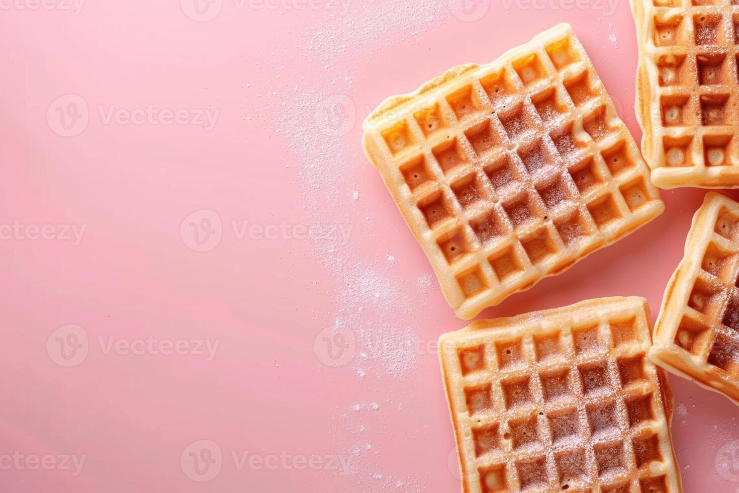 AI generated Homemade square waffles on pastel pink background with copy space photo