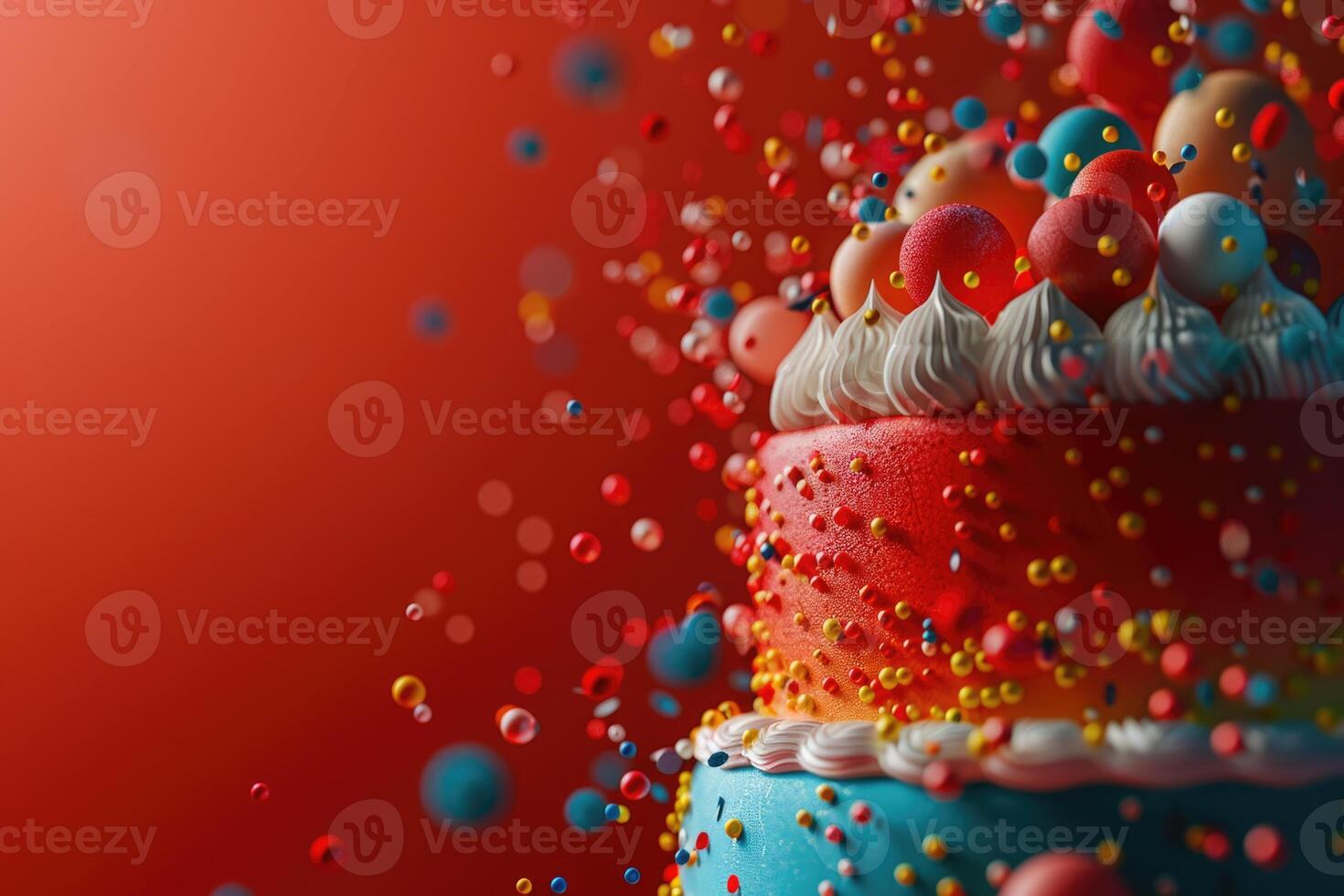 AI generated Bright red blue birthday cake decorated with confetti and colored sprinkles on a red background with copy space photo