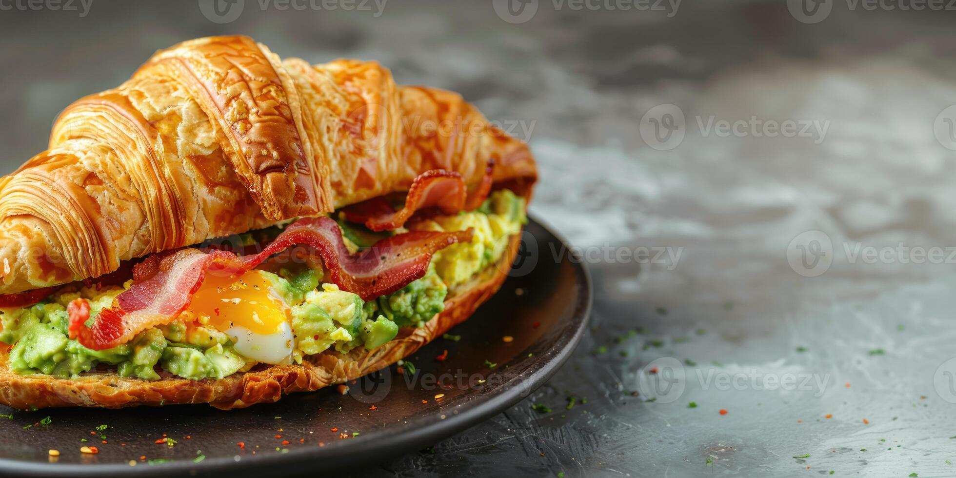 AI generated Croissant sandwich with fried egg, bacon and avocado. Healthy breakfast concept. Background with copy space photo