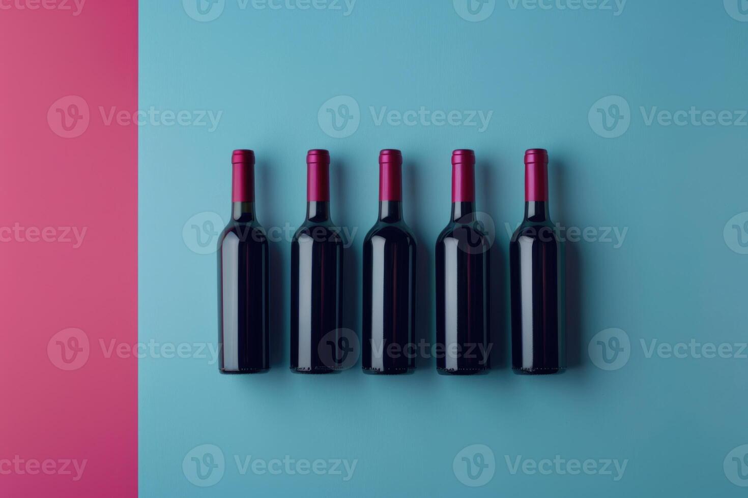 AI generated Bottles of wine in a row on a minimalistic blue background background. Wine trendy background photo