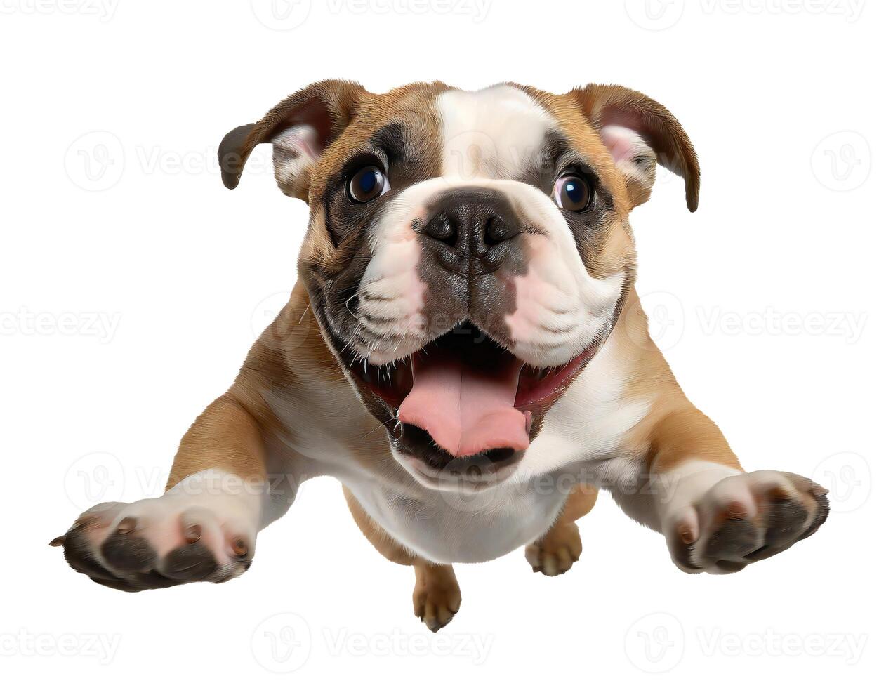 AI generated Cute Bulldog puppy dog jumping isolated image. Funny pet doggy jump. photo