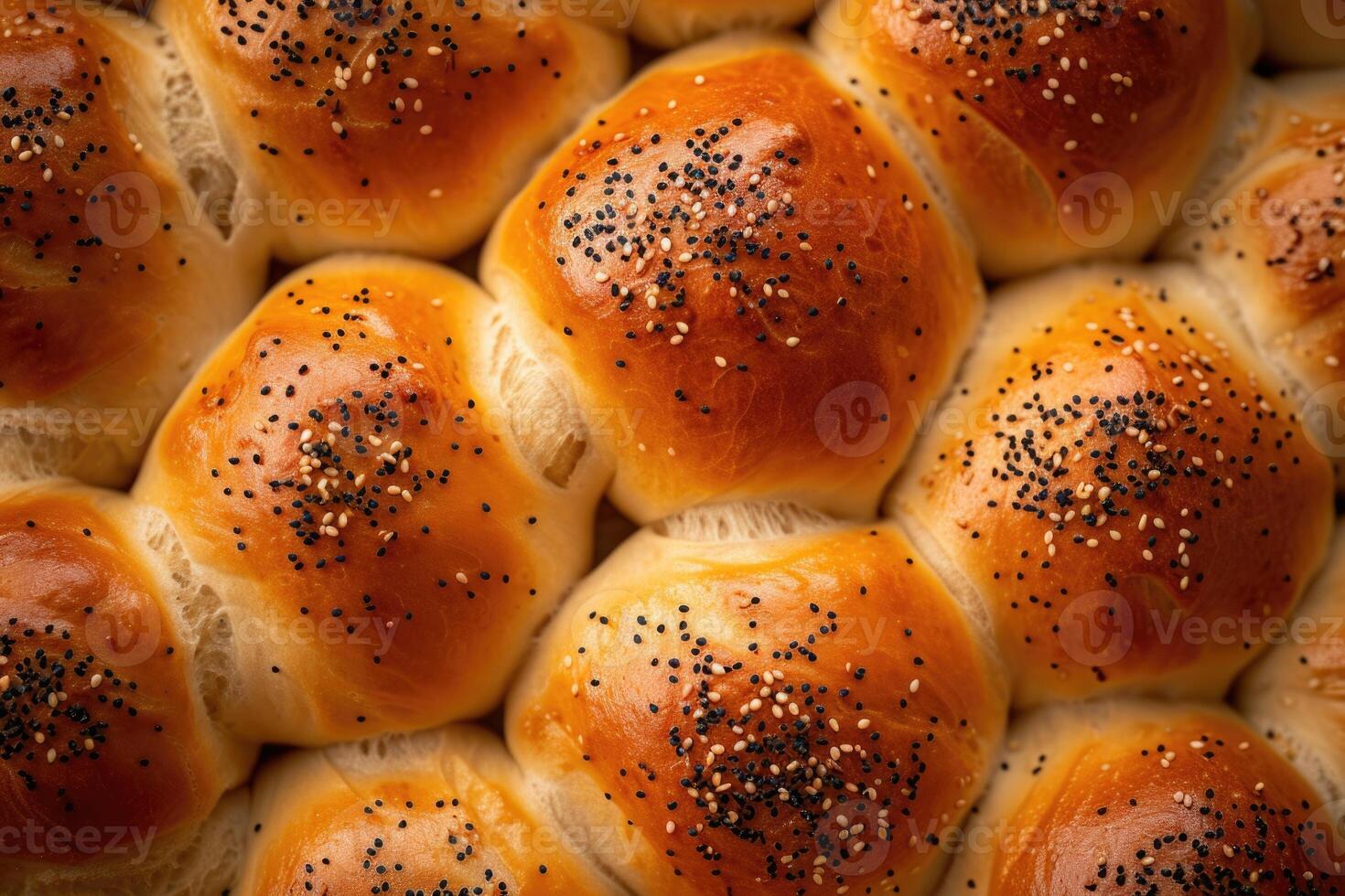 AI generated Close up of lush buns with sesame and poppy seeds. Home baking concept photo