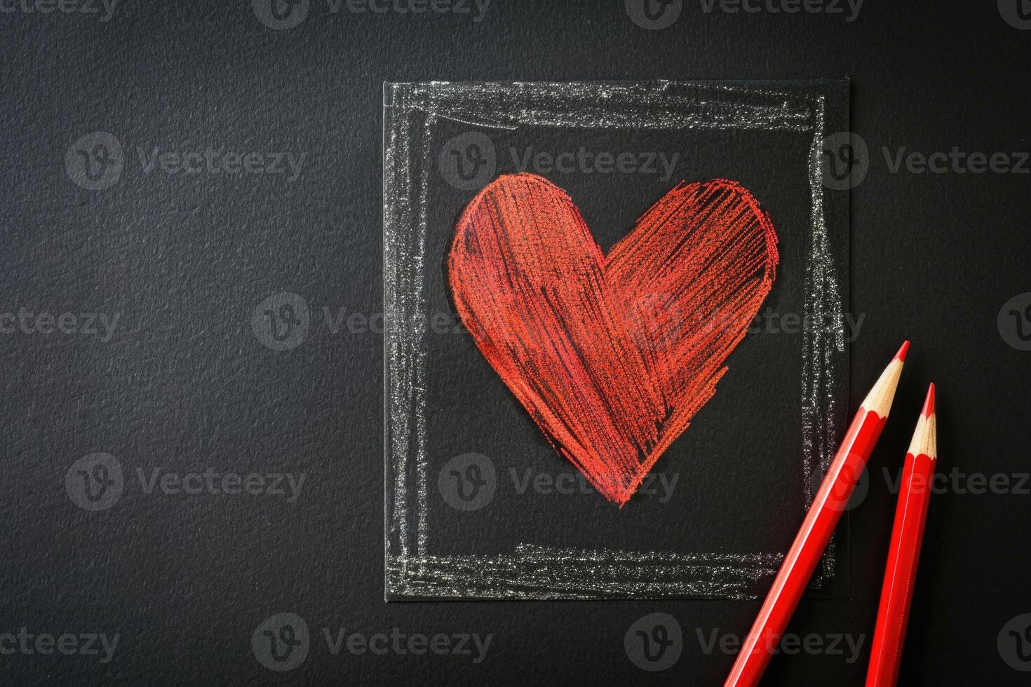 AI generated A heart drawn with a red pencil on black paper. Romantic black background with copy space photo