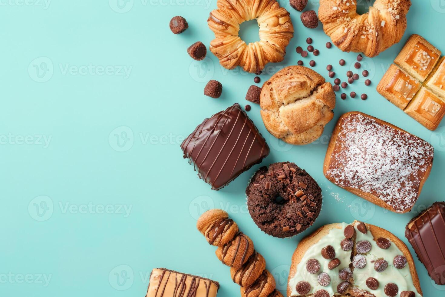 AI generated Cookies and buns with chocolate. Confectionery products on a pastel background with copy space. photo