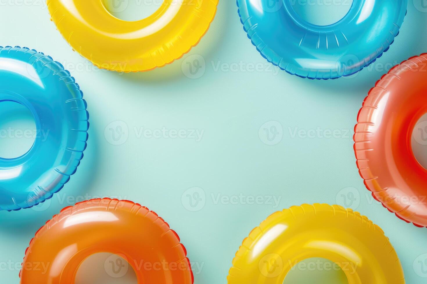 AI generated Inflatable colorful circles for swimming on an empty blue background with copy space photo
