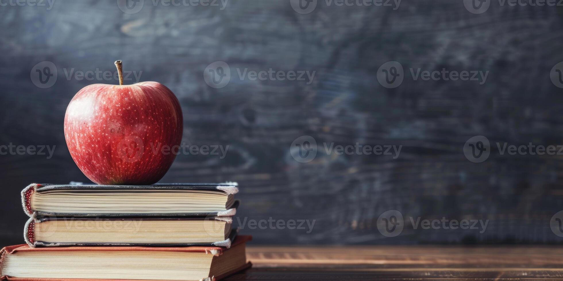 AI generated Chalk board with books and apple. Education concept banner with copy space photo