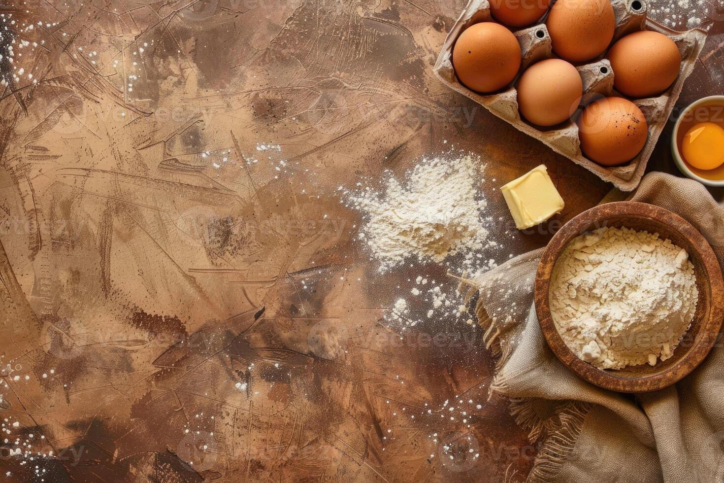 AI generated Baking ingredients. Products for making dough on a blank dark background with copy space photo