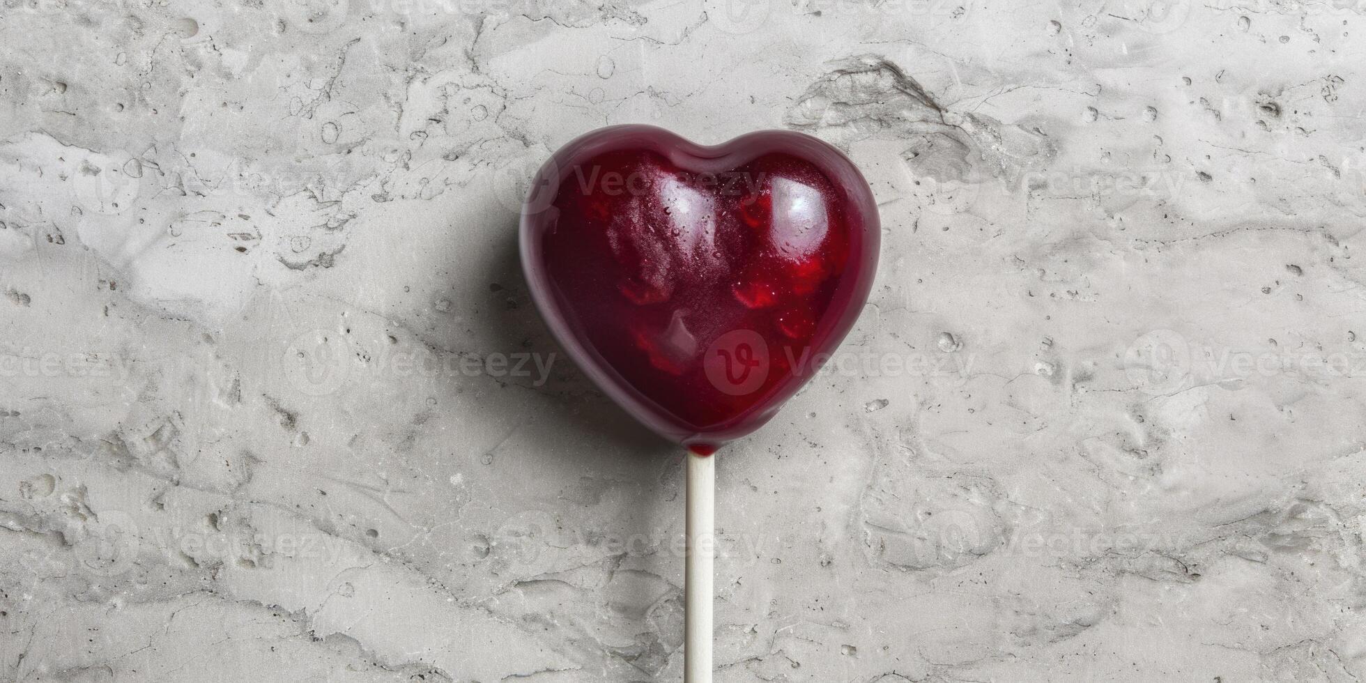 AI generated Heart shaped lollipop on gray marble background with copy space photo