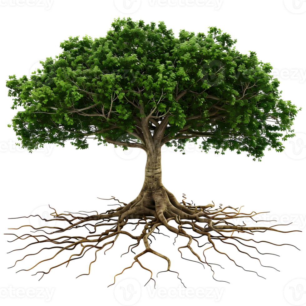 ai gegenereerd 3d renderen van een groen boom met wortels Aan transparant achtergrond - ai gegenereerd png