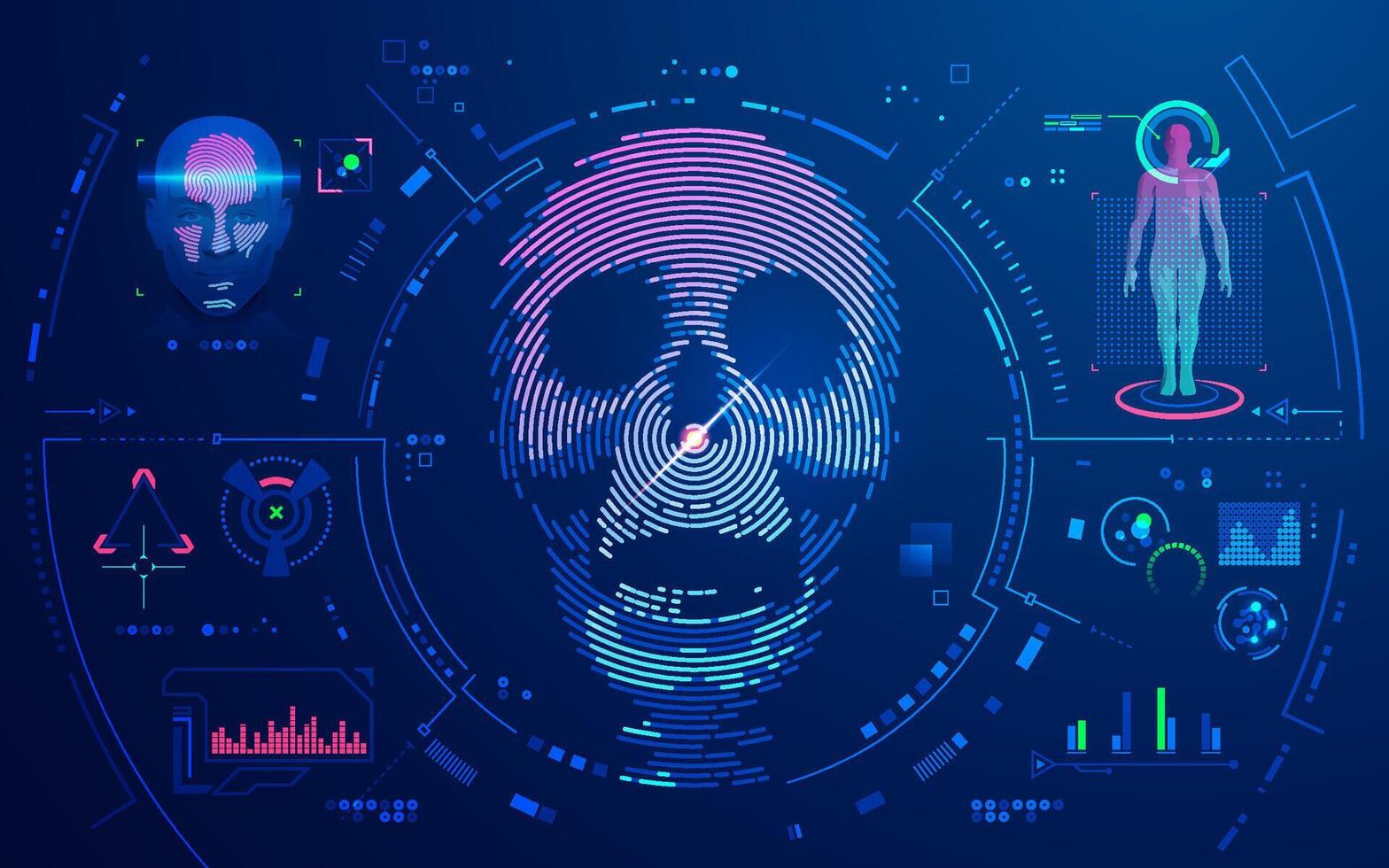 concept of biometrics or face recognition, graphic of human skull with futuristic interface vector