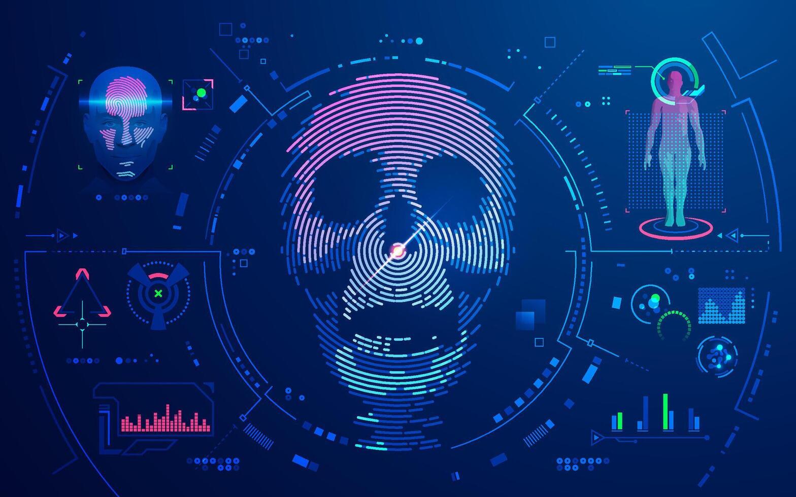 concepto de biometría o cara reconocimiento, gráfico de humano cráneo con futurista interfaz vector