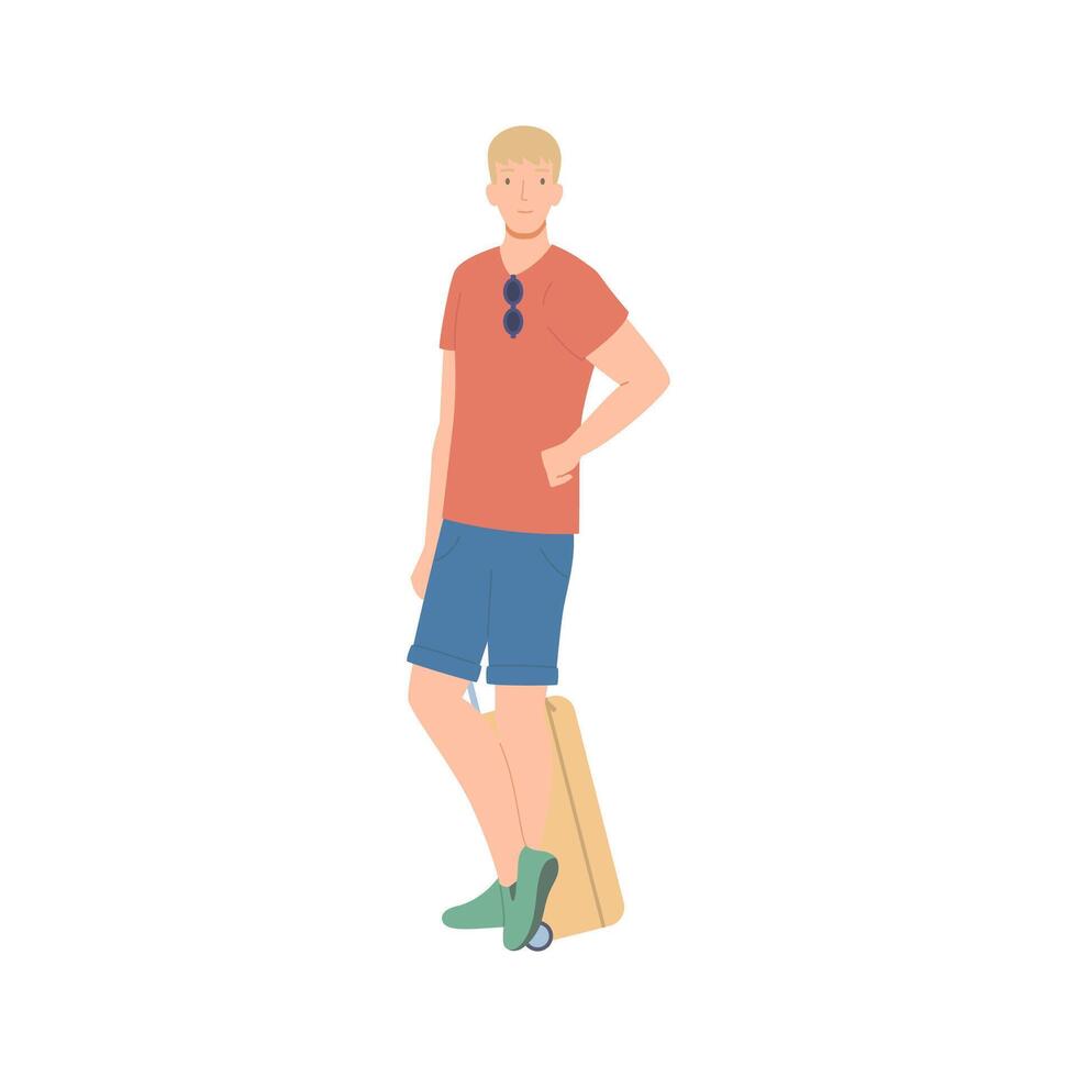 Young man stands with suitcase, the concept of tourism and travel. Flat vector illustration.