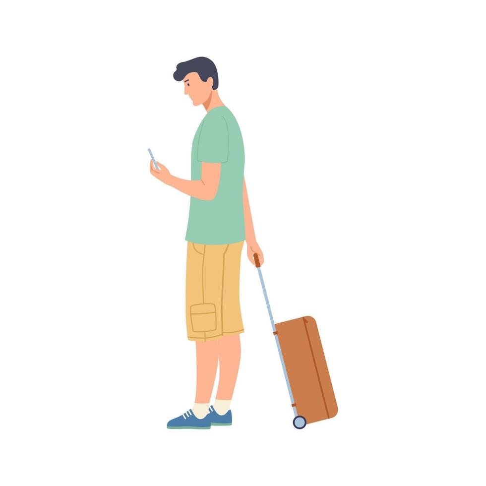 Young man stands with a suitcase and looks at the phone, the concept of tourism and travel. Flat vector illustration.