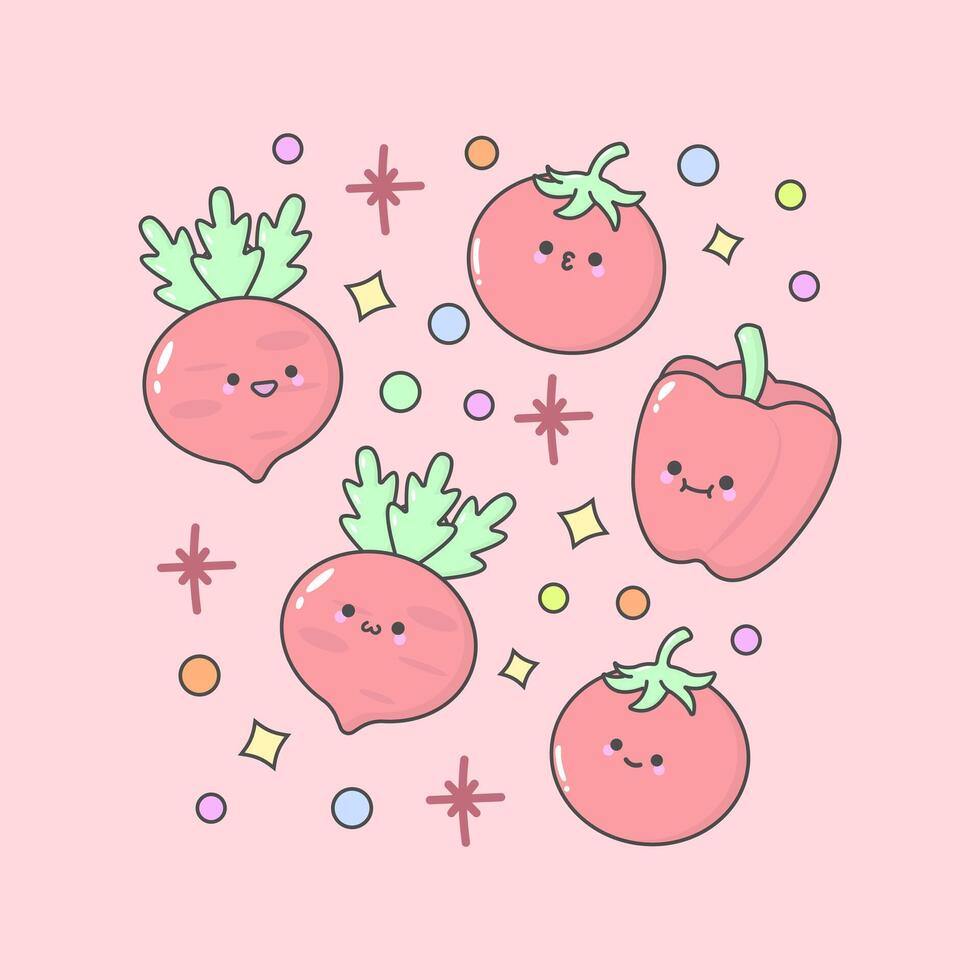 vegetable tomato beet root bell pepper with cute facial expressions and pastel colour vector