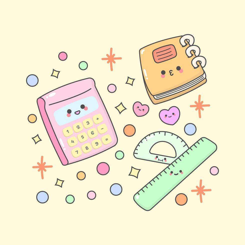 stationery book calculator ruler with cute facial expressions and pastel colour vector