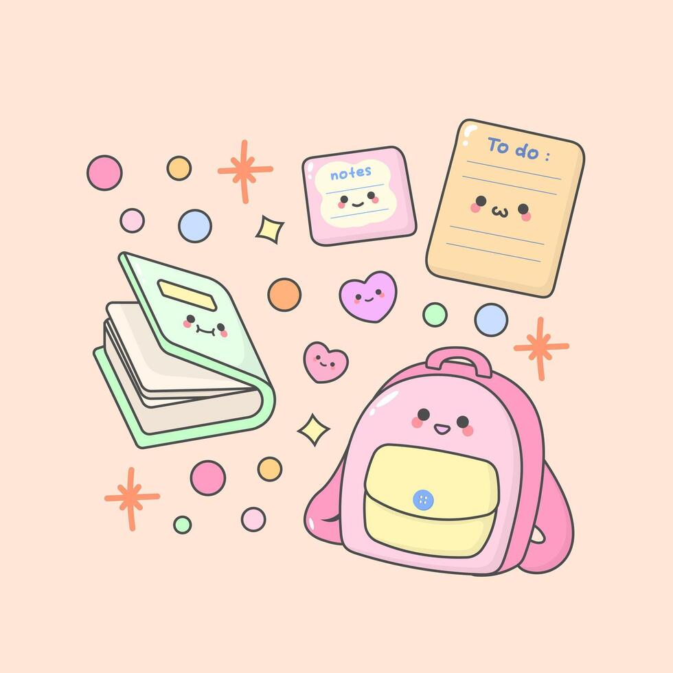 stationery book note bag with cute facial expressions and pastel colour vector