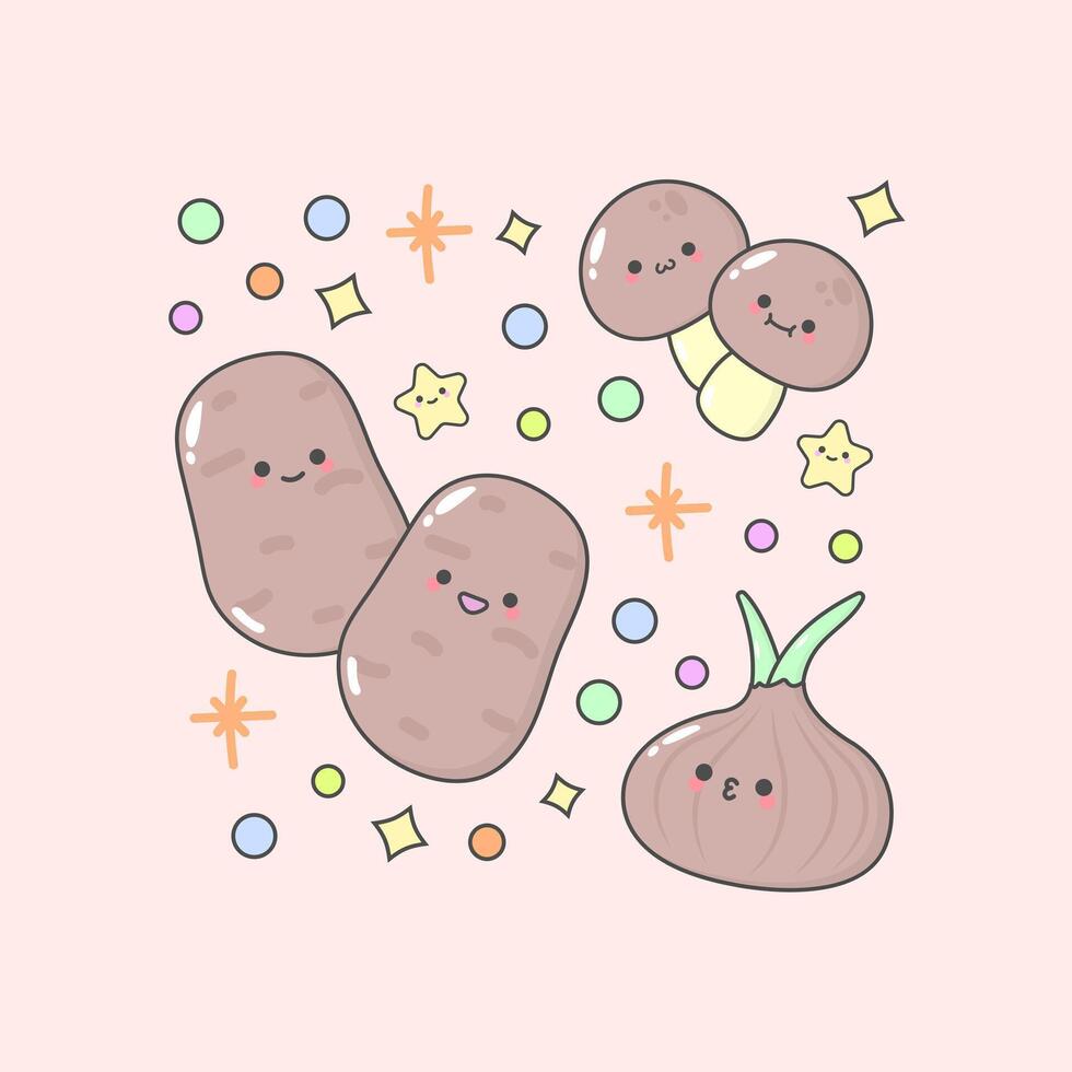 vegetable potato mushroom onion with cute facial expressions and pastel colour vector