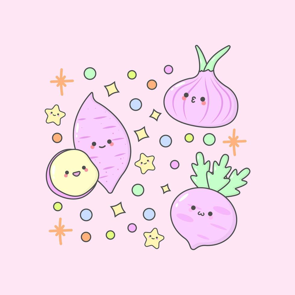 vegetable onion sweet potato turnip with cute facial expressions and pastel colour vector