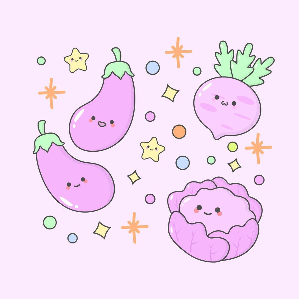 vegetable eggplant turnip iceberg lettuce with cute facial expressions and pastel colour vector