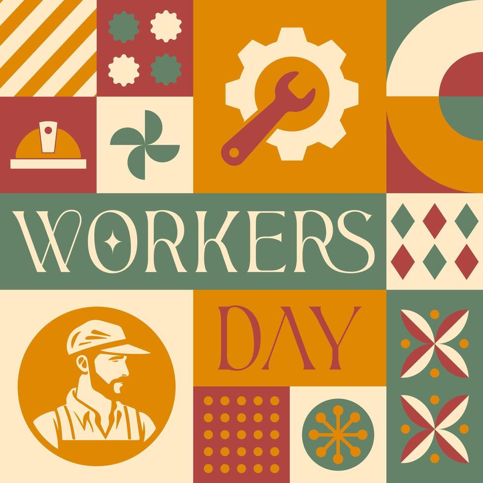 trabajadores día internacional labor día sin costura modelo en escandinavo estilo tarjeta postal con retro limpiar concepto diseño vector