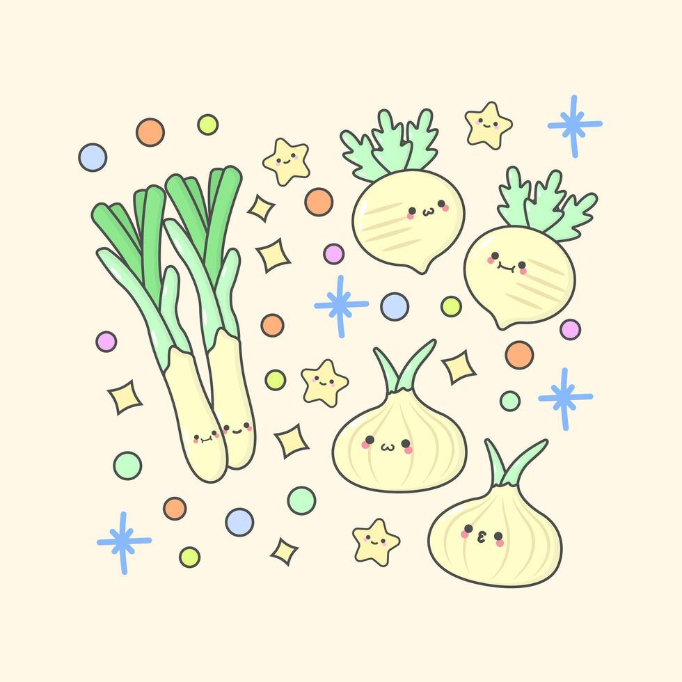 vegetable green onion turnip garlic with cute facial expressions and pastel colour vector