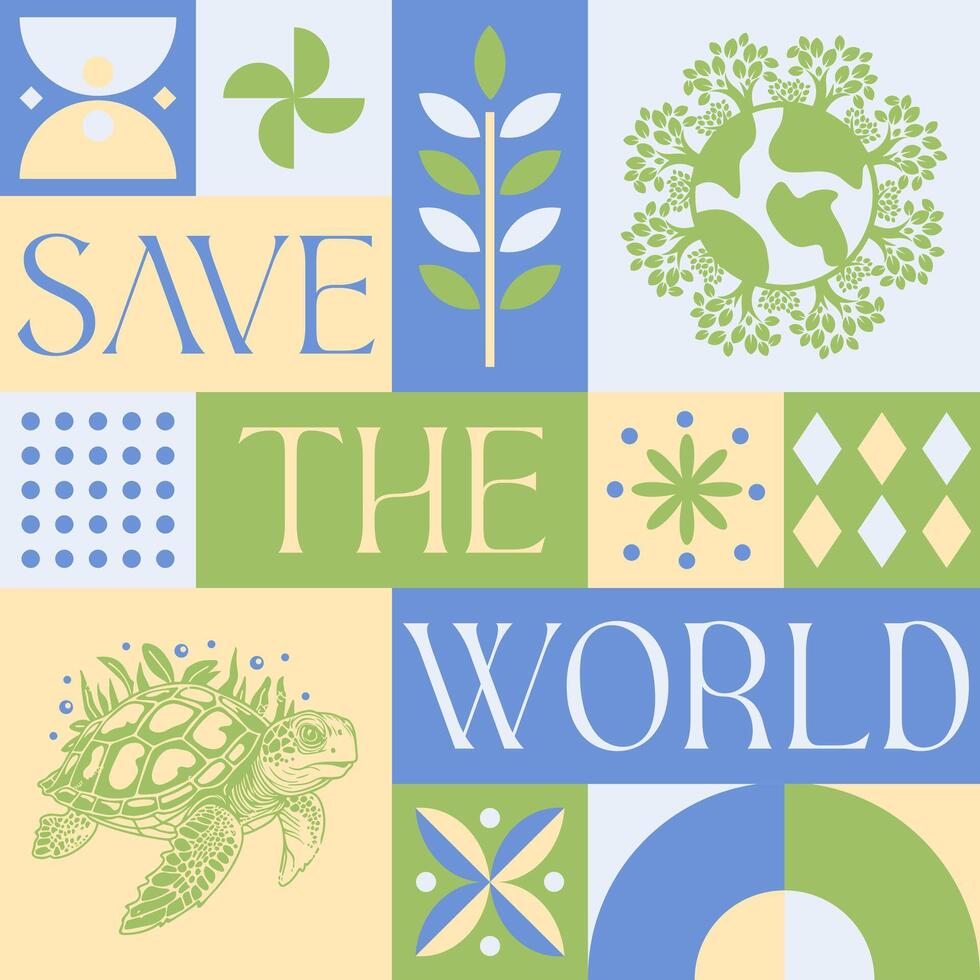 happy earth day stay green seamless pattern in scandinavian style postcard with Retro clean concept design vector