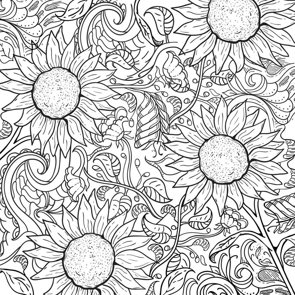 Seamless pattern with sunflowers. Coloring book for adults and children vector