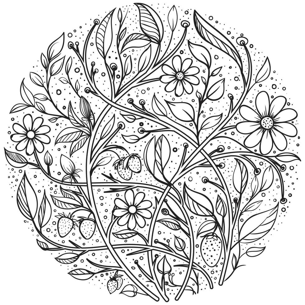 Hand drawn decorated image with flowers and mandalas. Image for adults coloring page vector