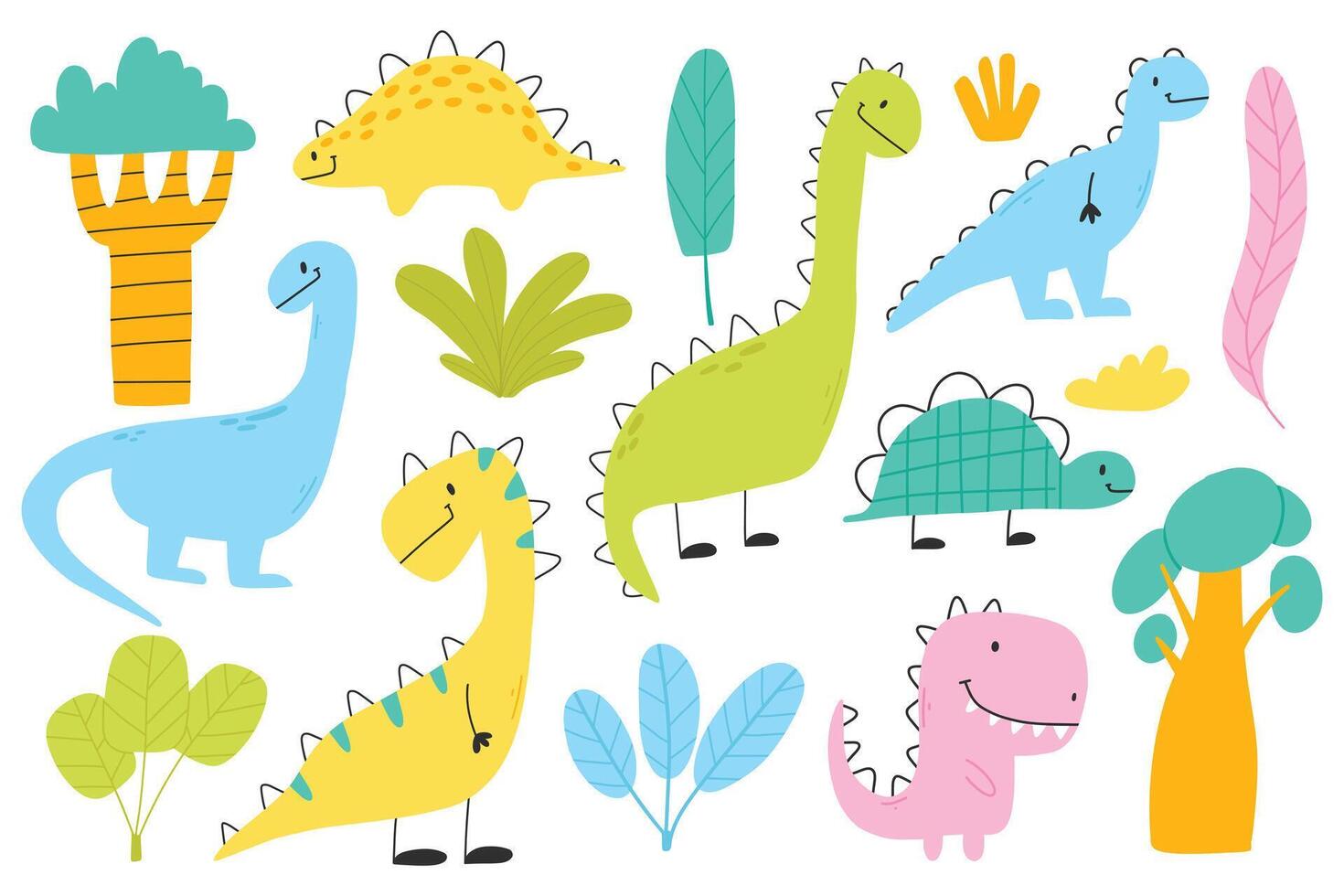 Set of cute dinosaurs in scandinavian style. Collection of baby dino isolated on white background. Vector illustration.