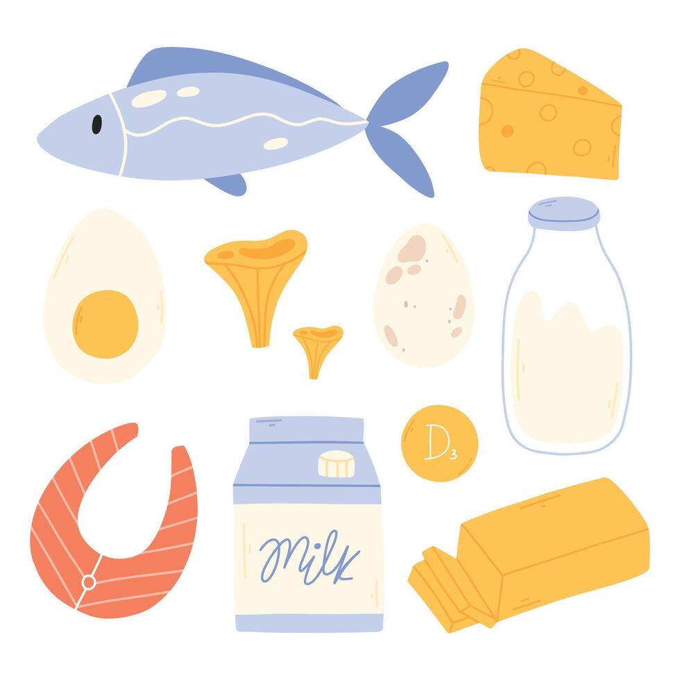 Set of products containing vitamin D. Foods high in vitamin D. Hand drawn collection of vitamin D. Vector illustration.