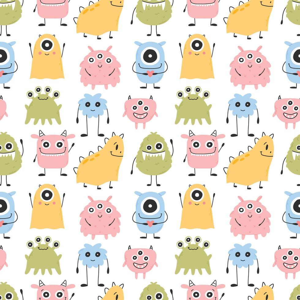 Childish seamless pattern with cute monster. Vector illustration. Kids print in Scandinavian style. Flat style.