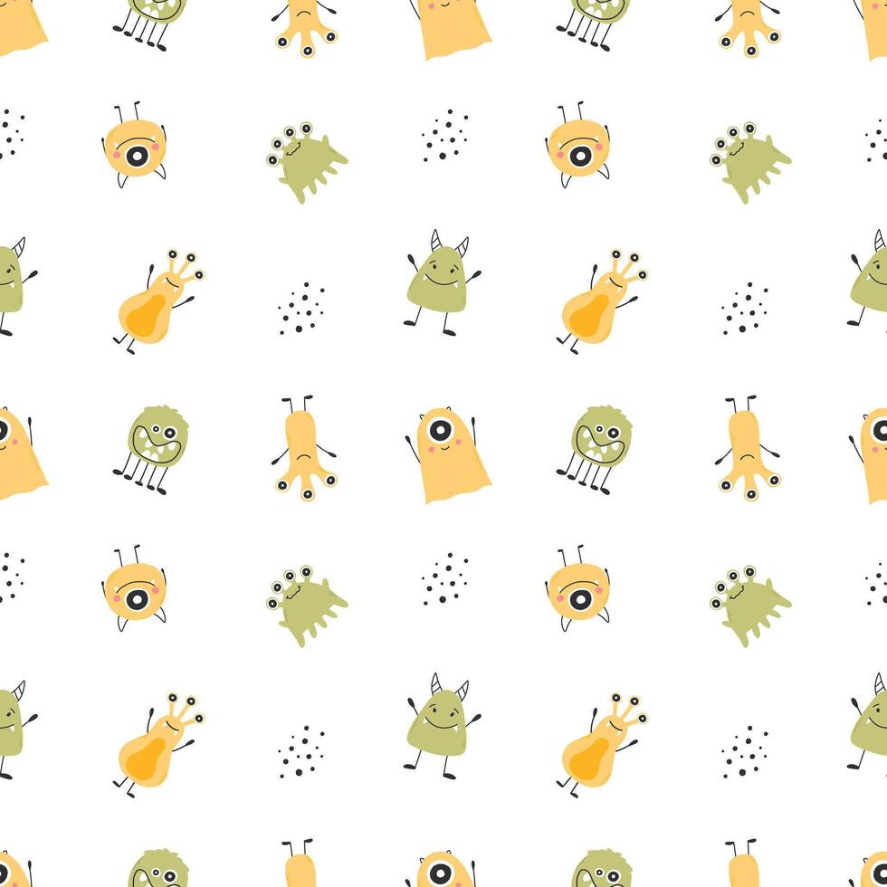 Childish seamless pattern with cute monster. Vector illustration. Kids print in Scandinavian style. Flat style.