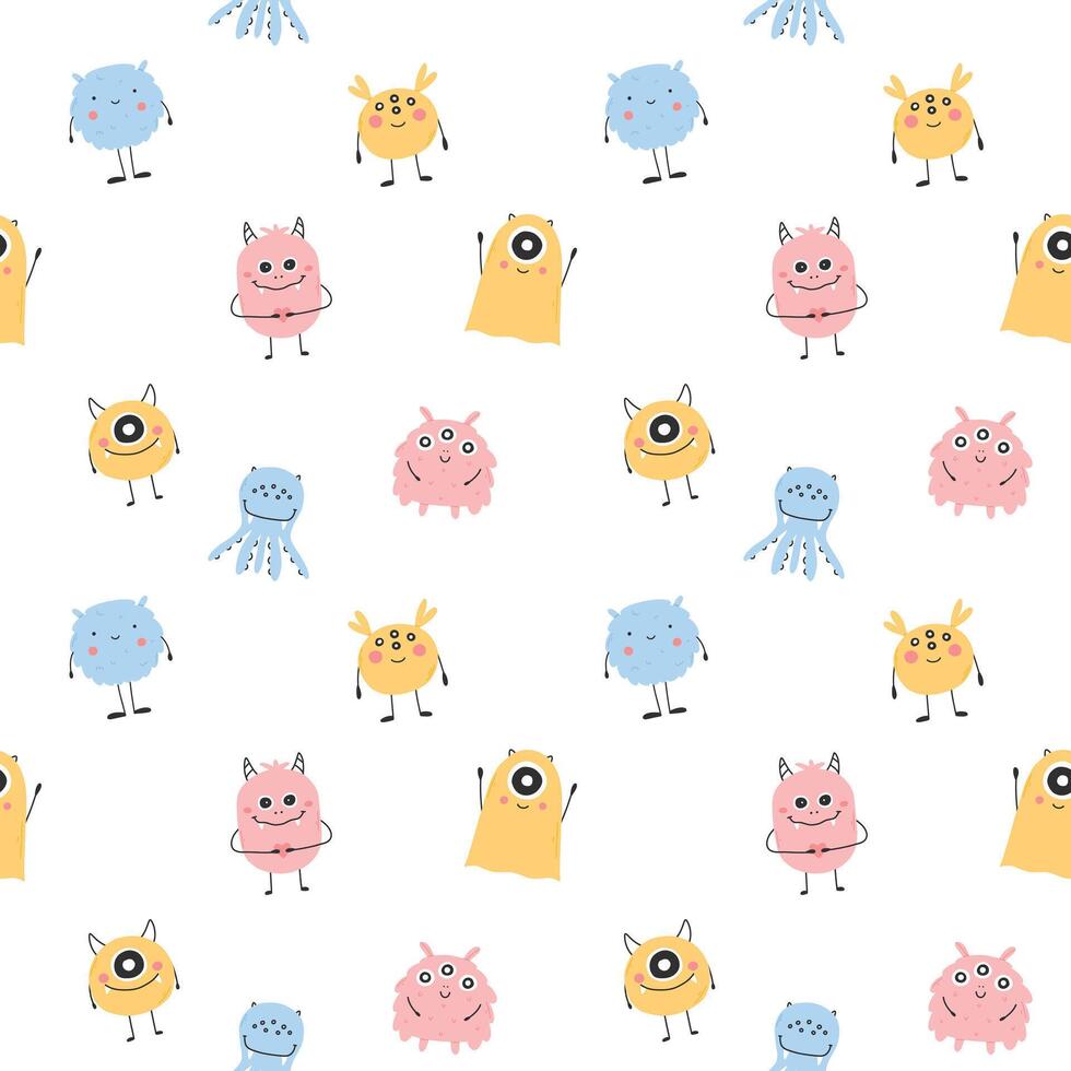 Childish seamless pattern with cute monster. Vector illustration. Kids print in Scandinavian style. Flat style.