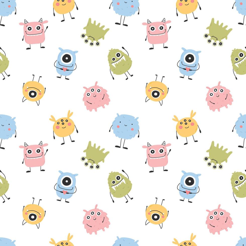 Childish seamless pattern with cute monster. Vector illustration. Kids print in Scandinavian style. Flat style.