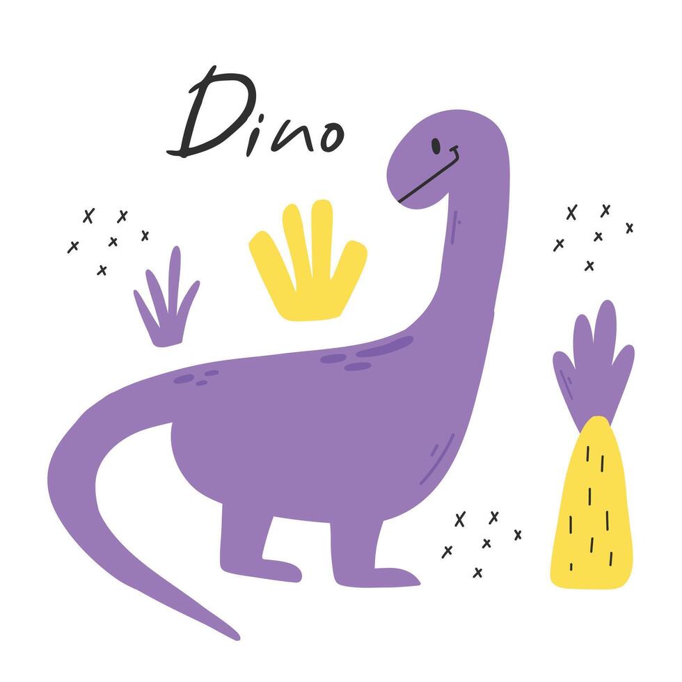 Cute childish dino print in flat scandinavian style. Poster with dino and lettering. Vector illustration..