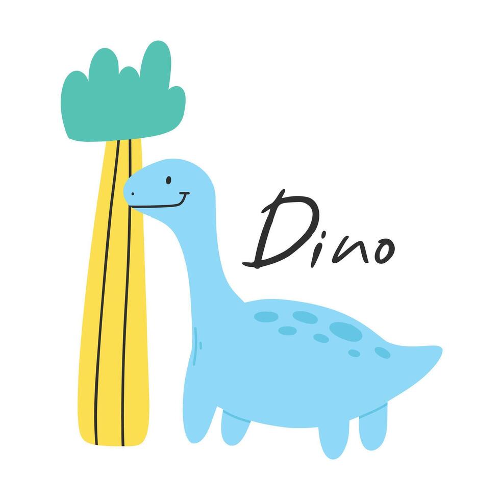 Cute childish dino print in flat scandinavian style. Poster with dino and lettering. Vector illustration..