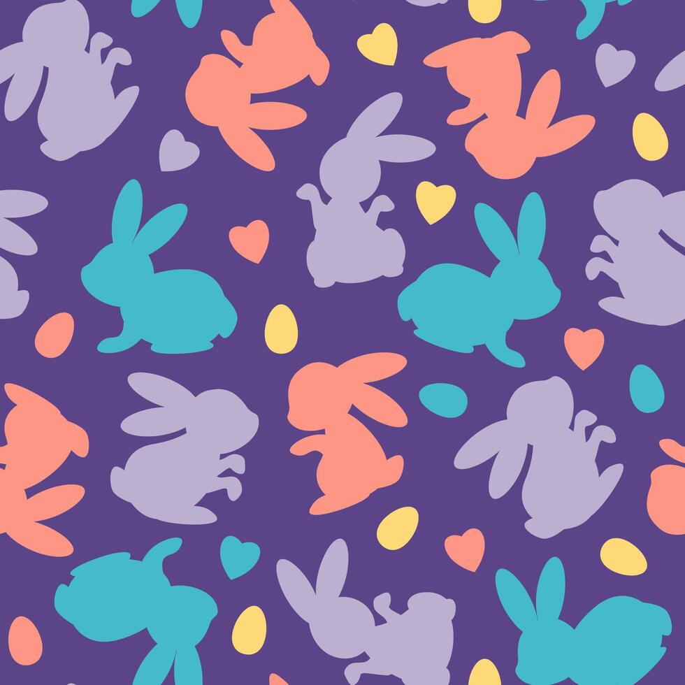 Purple Easter pattern of colorful eggs and bunnies vector