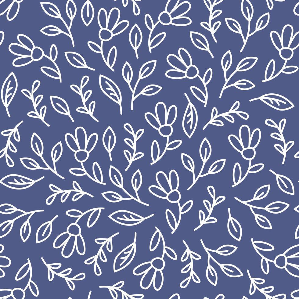 Blue seamless pattern of linear flowers and leaves vector