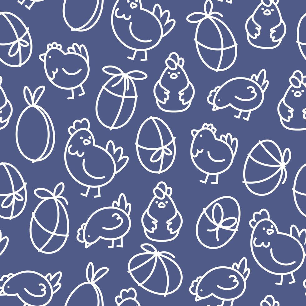 Blue seamless pattern of linear chickens and eggs vector
