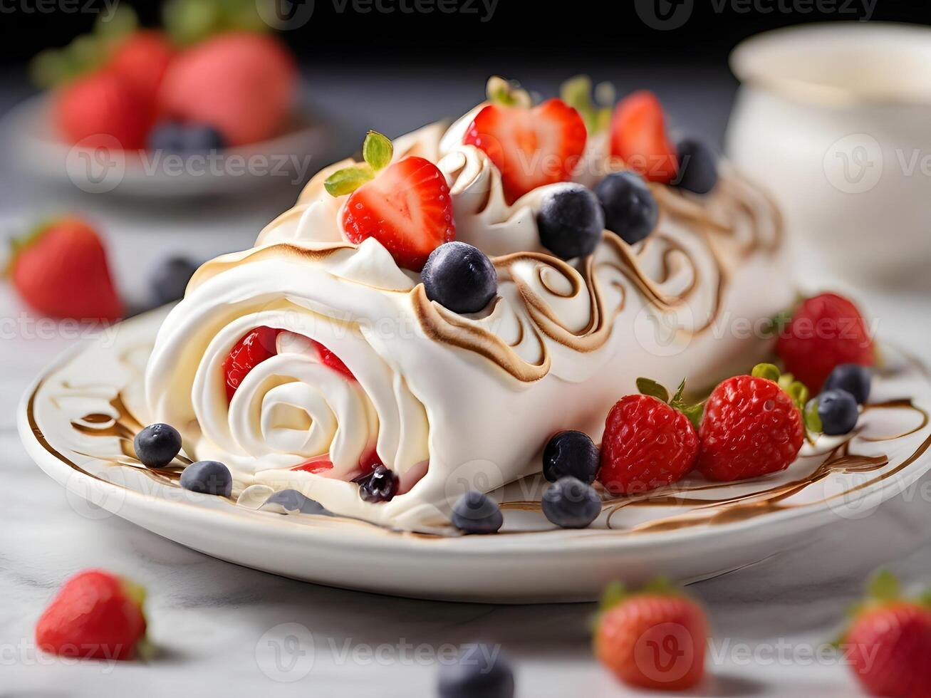 AI generated Meringue roll in a white plate garnished with fresh berries like strawberries and blueberries photo