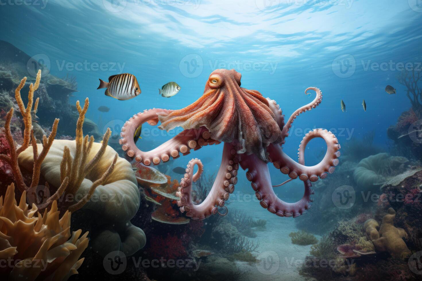 AI generated Mysterious Octopus underwater reef. Generate Ai photo
