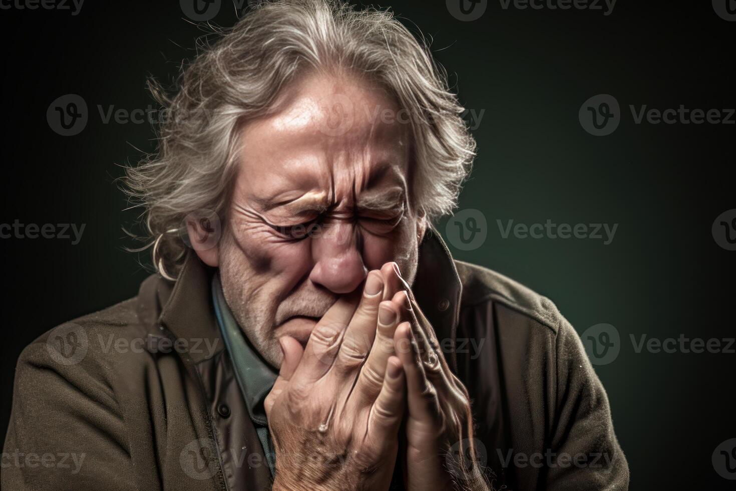AI generated Wrinkled Old senior blowing nose. Generate Ai photo