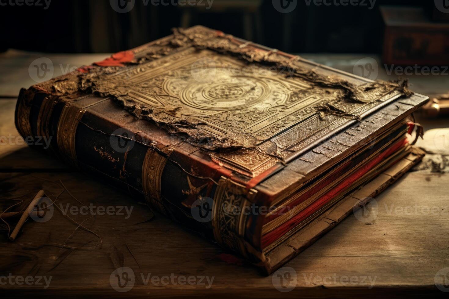 AI generated Dusty Ancient book on wooden table. Generate Ai photo