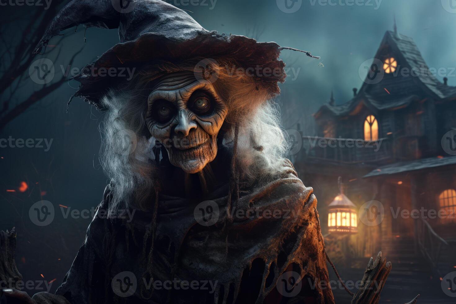 AI generated Mysterious Old woman halloween house. Generate Ai photo