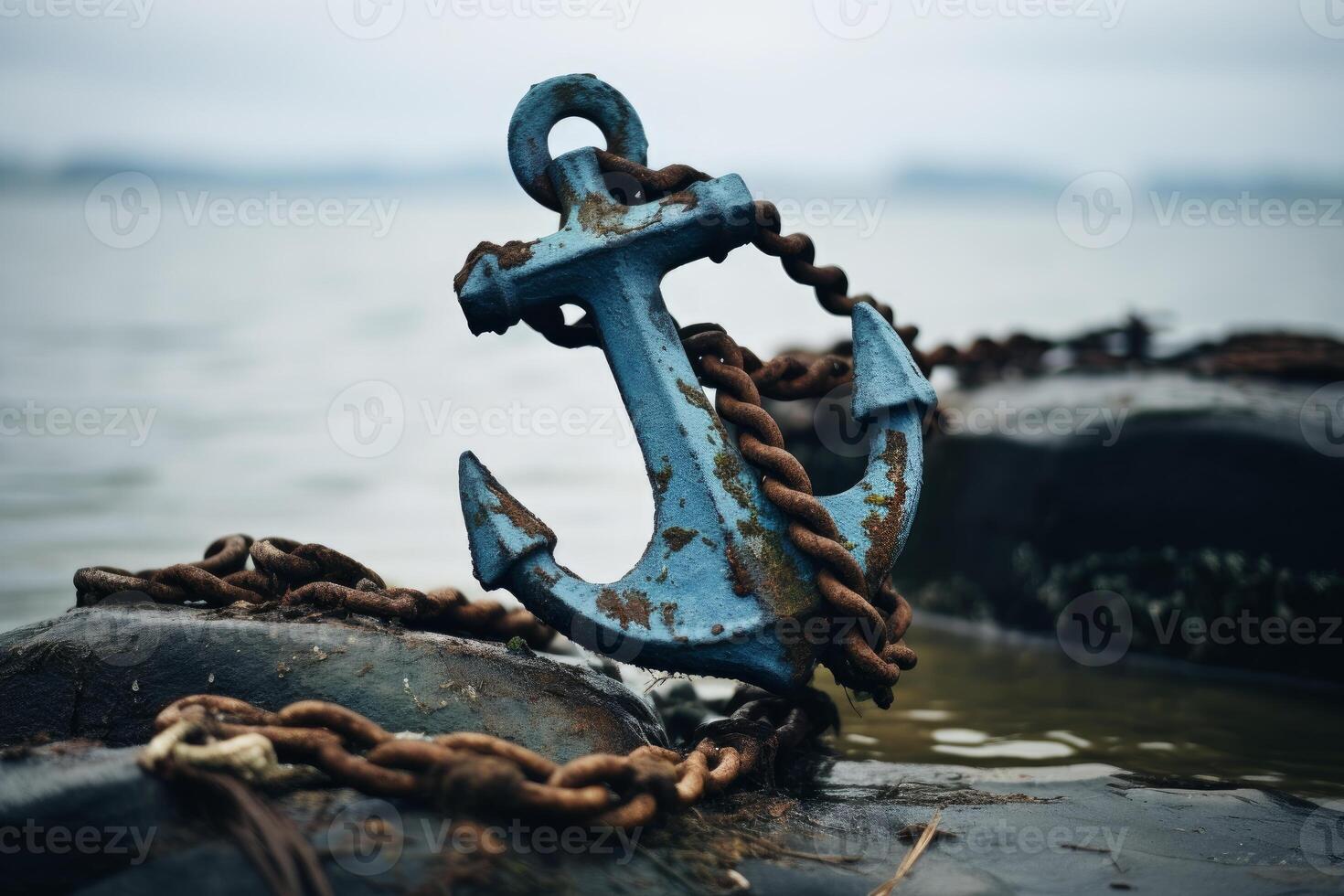 AI generated Weathered Old ship anchor on blue marine background. Generate ai photo