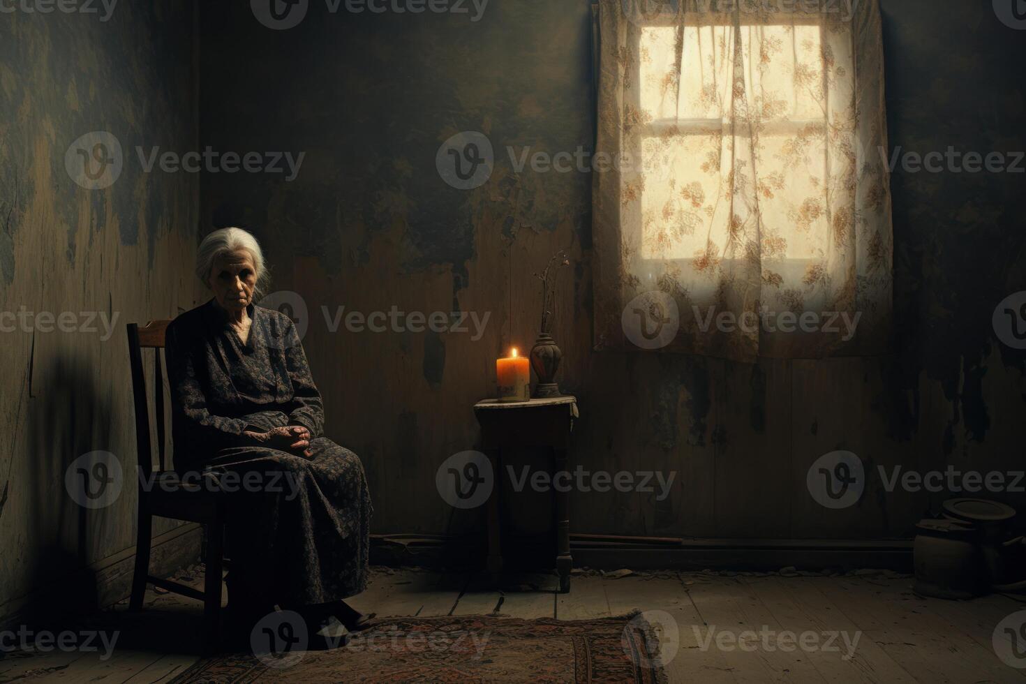 ai generado solitario antiguo mujer sentado solo en frente de el puerta. hogar habitación foto